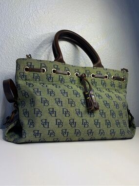 Dooney & Bourke Monogram Green Canvas Tote with Brown Leather Trim